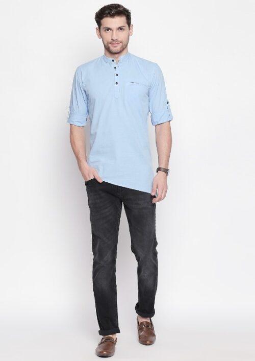 Generic Men’s Cotton Casual Short Cross Kurta Shirt (Material: Cotton, (Color:Light Blue)