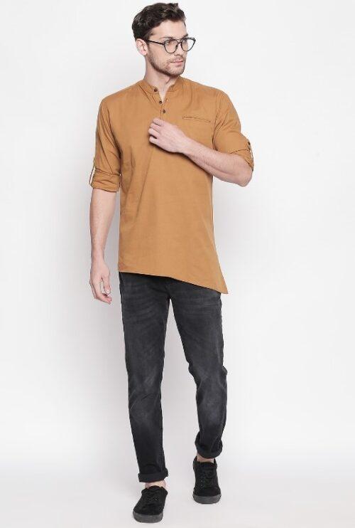 Generic Men’s Cotton Casual Short Cross Kurta Shirt (Material: Cotton, (Color:Brown)