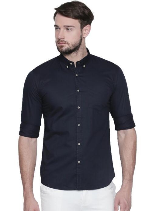 Generic Men’s Cotton Slim Fit Casual Shirt (Material: Cotton, (Color:Navy Blue)