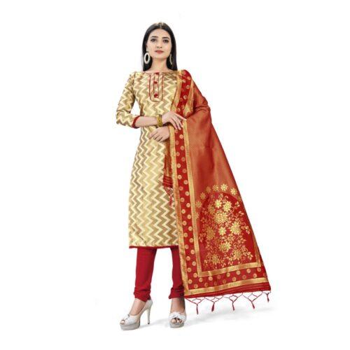 Generic Banarasi Silk Unstitched Salwar-Suit Material Premium Quality With Dupatta (Color: Cream)