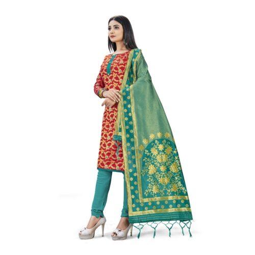 Generic Banarasi Silk Unstitched Salwar-Suit Material Premium Quality With Dupatta (Color: Red) - Image 6