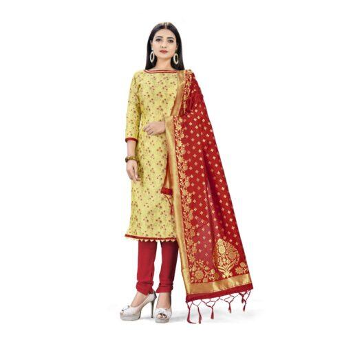 Generic Banarasi Silk Unstitched Salwar-Suit Material Premium Quality With Dupatta (Color: Cream)