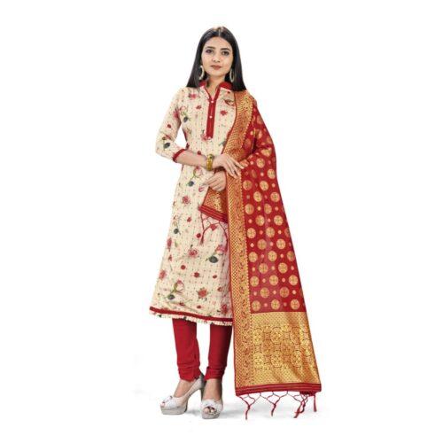 Generic Banarasi Silk Unstitched Salwar-Suit Material Premium Quality With Dupatta (Color: Cream,Red)