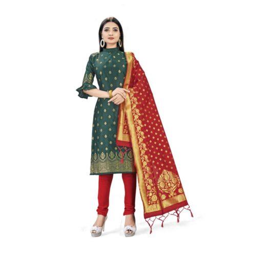 Generic Banarasi Silk Unstitched Salwar-Suit Material Premium Quality With Dupatta (Color: Mehendi Green)