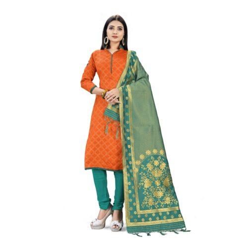 Generic Banarasi Silk Unstitched Salwar-Suit Material Premium Quality With Dupatta (Color: Orange)