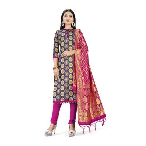 Generic Banarasi Silk Unstitched Salwar-Suit Material Premium Quality With Dupatta (Color: Navy Blue)