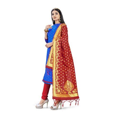 Generic Banarasi Silk Unstitched Salwar-Suit Material Premium Quality With Dupatta (Color: Royal Blue) - Image 5