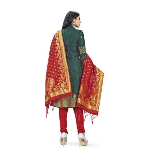 Generic Banarasi Silk Unstitched Salwar-Suit Material Premium Quality With Dupatta (Color: Mehendi Green) - Image 3