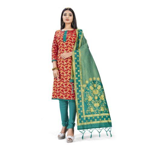 Generic Banarasi Silk Unstitched Salwar-Suit Material Premium Quality With Dupatta (Color: Red)