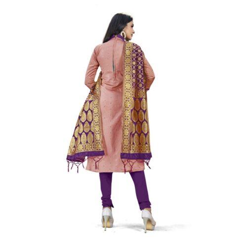 Generic Banarasi Silk Unstitched Salwar-Suit Material Premium Quality With Dupatta (Color: Peach) - Image 3