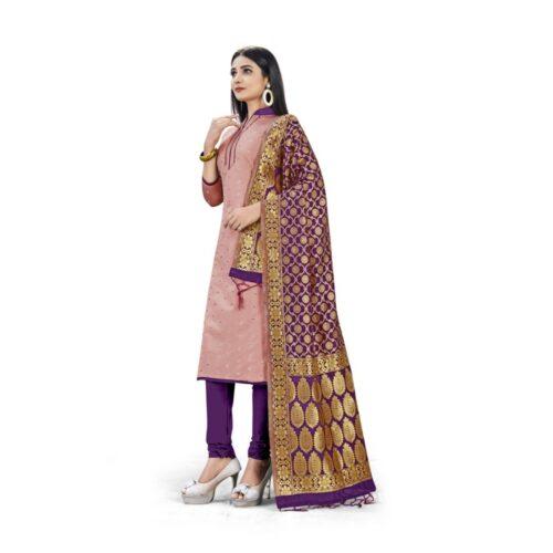 Generic Banarasi Silk Unstitched Salwar-Suit Material Premium Quality With Dupatta (Color: Peach) - Image 4