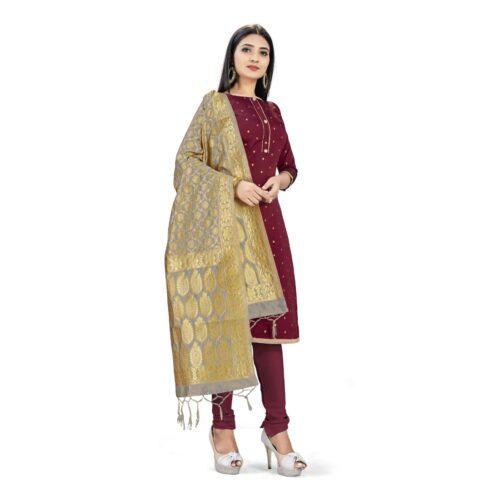 Generic Banarasi Silk Unstitched Salwar-Suit Material Premium Quality With Dupatta (Color: Maroon) - Image 4