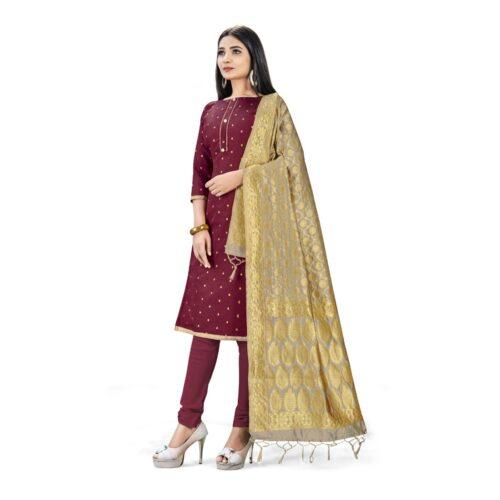 Generic Banarasi Silk Unstitched Salwar-Suit Material Premium Quality With Dupatta (Color: Maroon) - Image 5