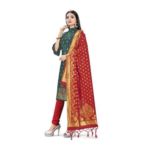 Generic Banarasi Silk Unstitched Salwar-Suit Material Premium Quality With Dupatta (Color: Mehendi Green) - Image 5