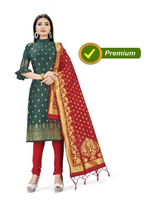 Generic Banarasi Silk Unstitched Salwar-Suit Material Premium Quality With Dupatta (Color: Mehendi Green) - Image 6