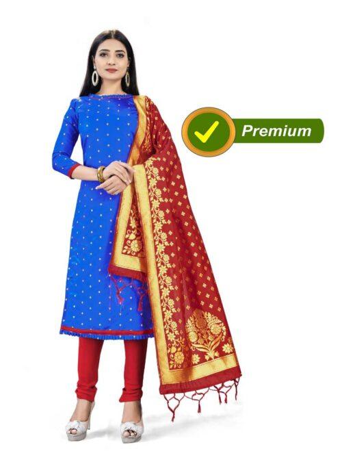 Generic Banarasi Silk Unstitched Salwar-Suit Material Premium Quality With Dupatta (Color: Royal Blue) - Image 6