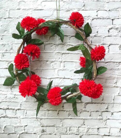 Generic Artificial Red Chrysanthemum Dahlia Flower Vine Creeper With Big Green Leaves For Home Decoraton (Color: Red, Material: Silk Polyester)