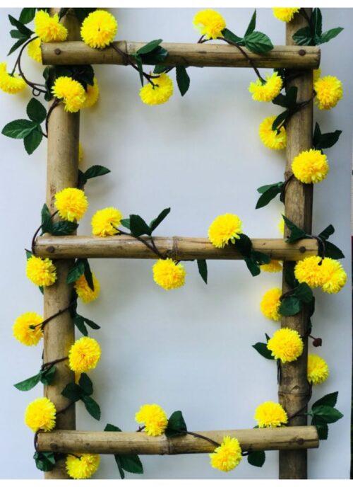 Generic Artificial Yellow Chrysanthemum Dahlia Flower Vine Creeper With Big Green Leaves For Home Decoraton (Color: Yellow, Material: Silk Polyester)