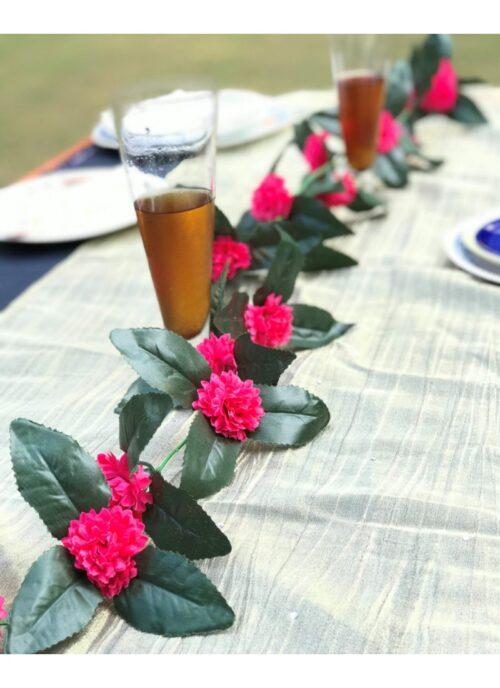 Generic Artificial Dark Pink Marigold Genda Flower Vine Creeper With Big Green Leaves For Home Decoration (Color: DarkPink, Material: Silk Polyester)