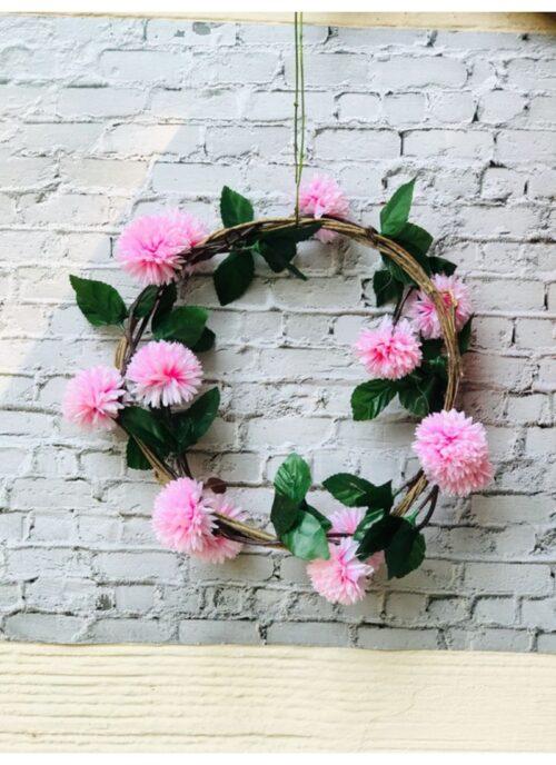 Generic Artificial Light Pink Chrysanthemum Dahlia Flower Vine Creeper With Big Green Leaves For Home Decoraton (Color: LightPink, Material: Silk Polyester)