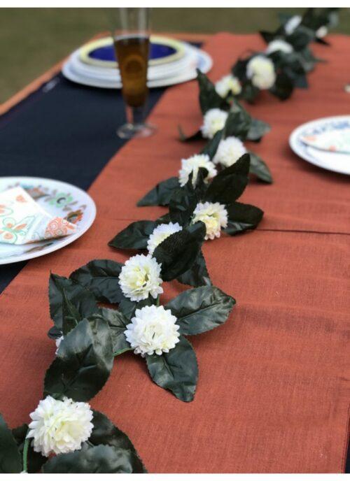 Generic Artificial White Marigold Genda Flower Vine Creeper With Big Green Leaves For Home Decoration (Color: White, Material: Silk Polyester)