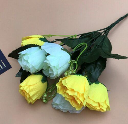 Generic Artificial Rose Flowers Bunch Bouquet Of 7 Roses For Home Decoration (Color: Yellow, Material: Silk Polyester)