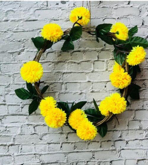 Generic Artificial Yellow Chrysanthemum Dahlia Flower Vine Creeper With Big Green Leaves For Home Decoraton (Color: Yellow, Material: Silk Polyester)