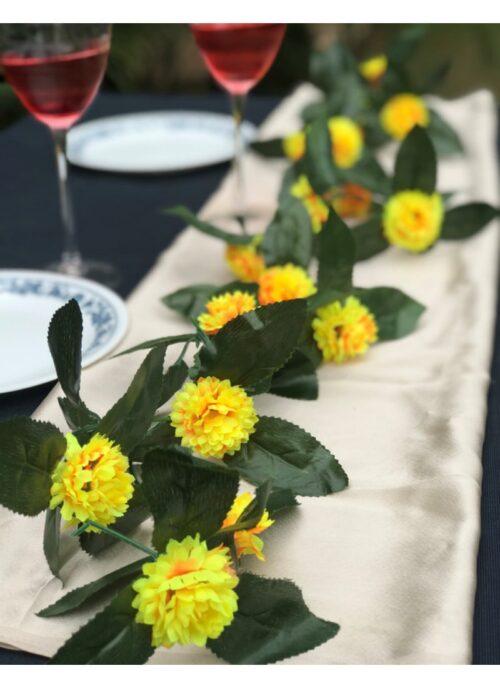 Generic Artificial Yellow Marigold Genda Flower Vine Creeper With Big Green Leaves For Home Decoration (Color: Yellow, Material: Silk Polyester)