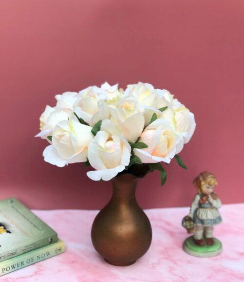 Generic Artificial Rose Flowers Bunch Bouquet Of 13 Roses For Home Decoration (Color: Cream, Material: Silk Polyester)