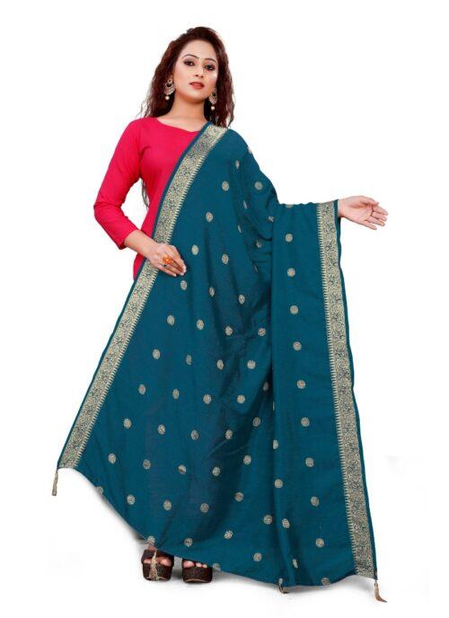 Generic Women’s Vichitra Viscose Silk Blend Jacquard Work Dupatta (Ferozi, Length:2-2.4 mtr)