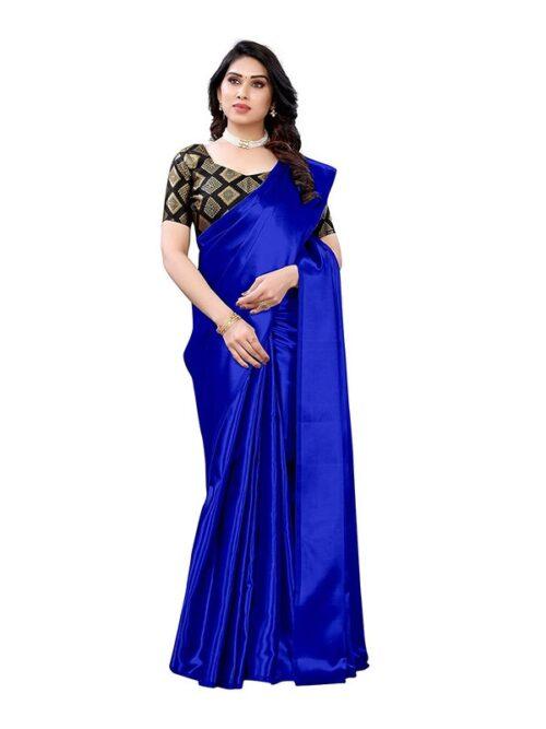 Generic Women's Satin Saree With Blouse (Royal Blue, 5-6mtrs) - Image 3