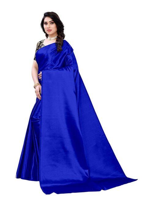 Generic Women's Satin Saree With Blouse (Royal Blue, 5-6mtrs) - Image 4