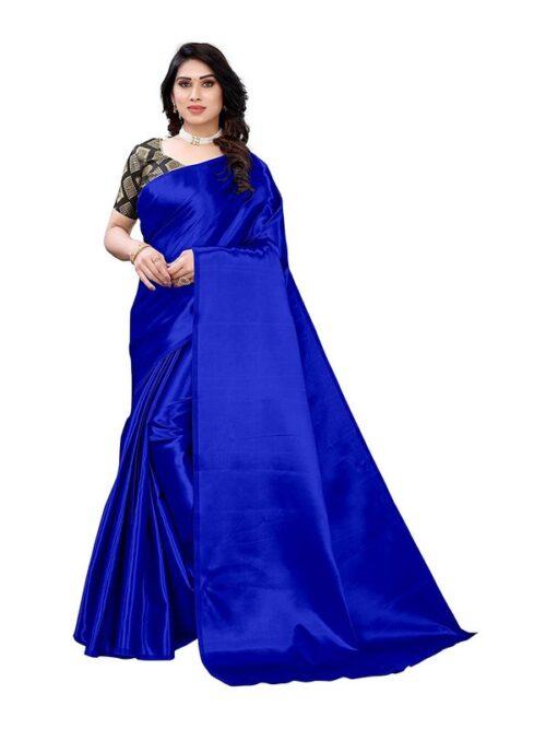 Generic Women's Satin Saree With Blouse (Royal Blue, 5-6mtrs)