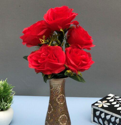 Generic Artificial Flowers Bunch Bouquet Of 5 Roses For Home Decoration (Red, Material:Silk, Polyester)