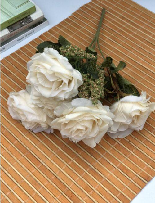 Generic Artificial Flowers Bunch Bouquet Of 5 Vintage Garden Roses For Home Decoration (White, Material:Silk, Polyester)