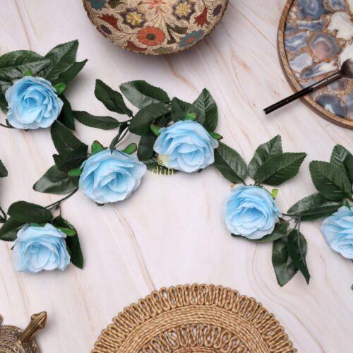 Generic Artificial Rose Vine Flowers With Green Leaves For Home Party Garden Wall Decoration (Blue, Material:Silk, Polyester)