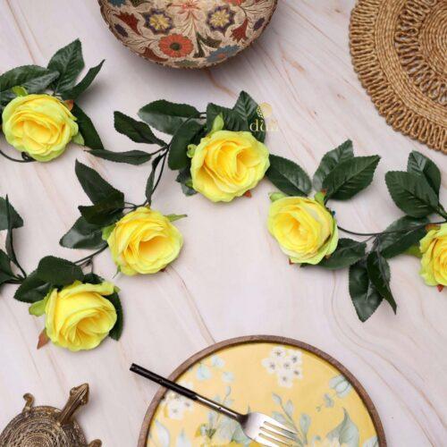 Generic Artificial Rose Vine Flowers With Green Leaves For Home Party Garden Wall Decoration (Yellow, Material:Silk, Polyester)