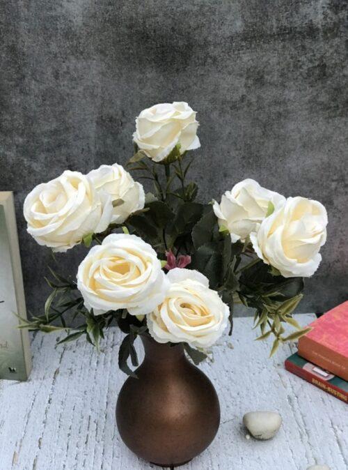 Generic Artificial Flowers Bunch Bouquet Of 5 Vintage Garden Roses For Home Decoration (White, Material:Silk, Polyester)