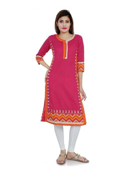 Generic Women’s Cotton Embroidered Straight Kurti (Pink, Cotton)