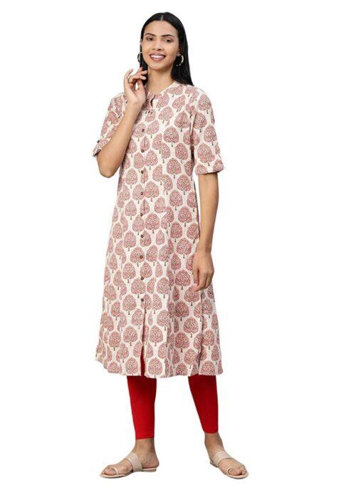 Generic Women’s Khadi PrintedA Line Kurti (Cream, Khadi)