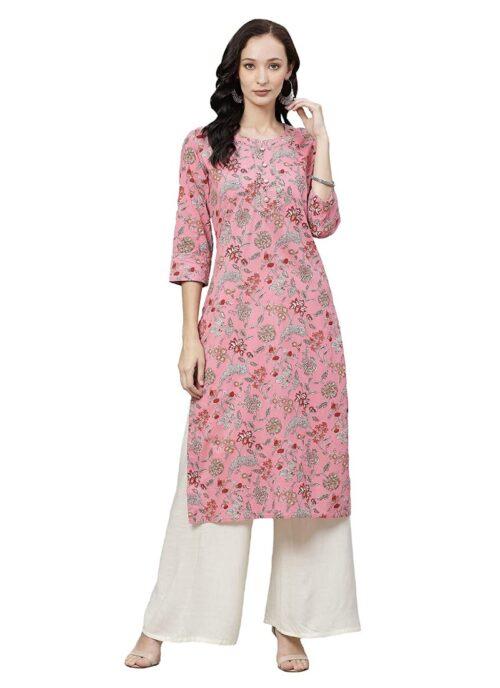 Generic Women’s Cotton Printed Straight Kurti (Pink, Cotton)