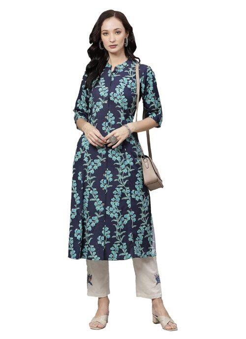 Generic Women’s Cotton Printed A Line Kurti (Blue, Cotton)