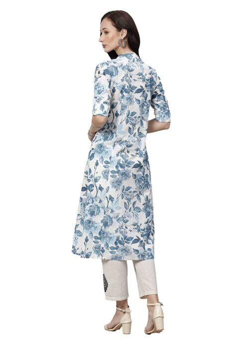 Generic Women’s Cotton Printed Floral Print Kurti (White, Blue, Cotton)