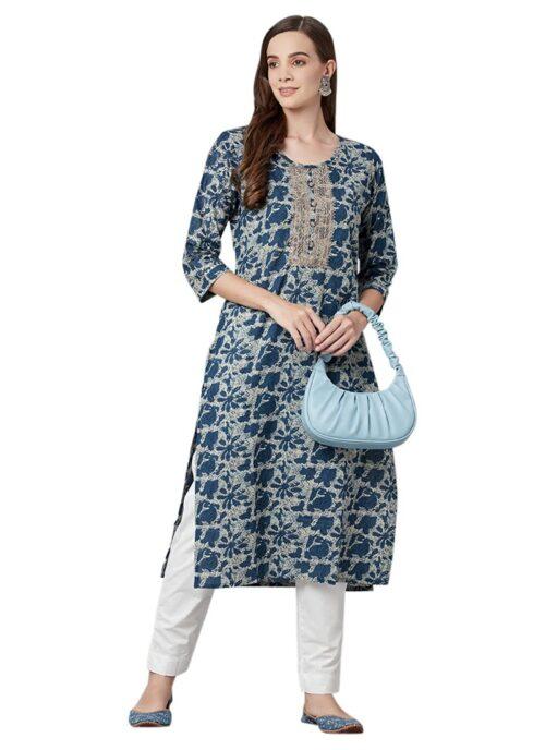 Generic Women’s Cotton Printed Straight Kurti (Blue, Cotton)