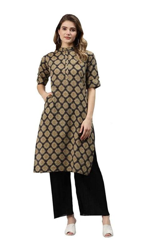 Generic Women’s Cotton Printed Straight Fit Kurti (Black, Cotton)