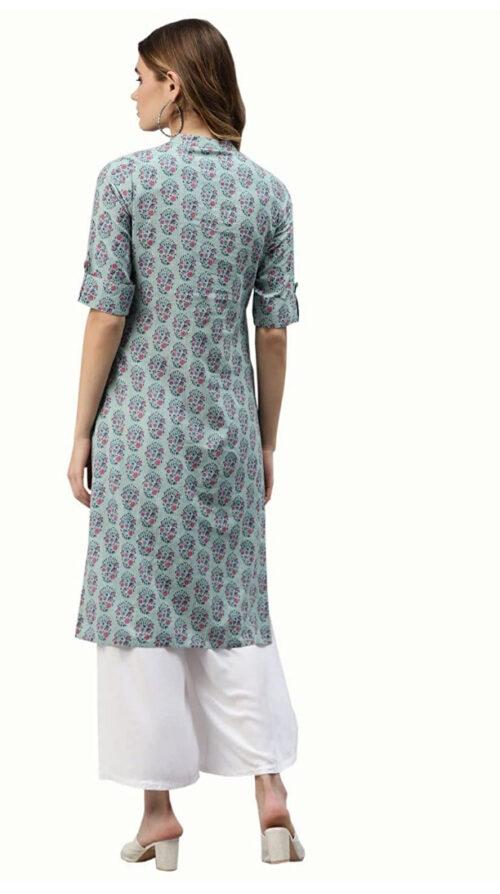 Generic Women’s Cotton Printed Straight Kurti (Blue, Cotton)