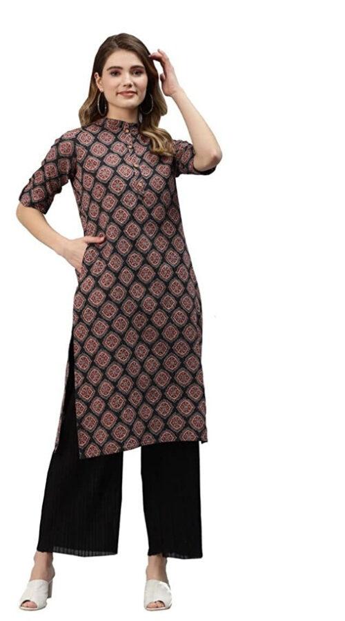 Generic Women’s Cotton Printed Straight Kurti (Black, Cotton)