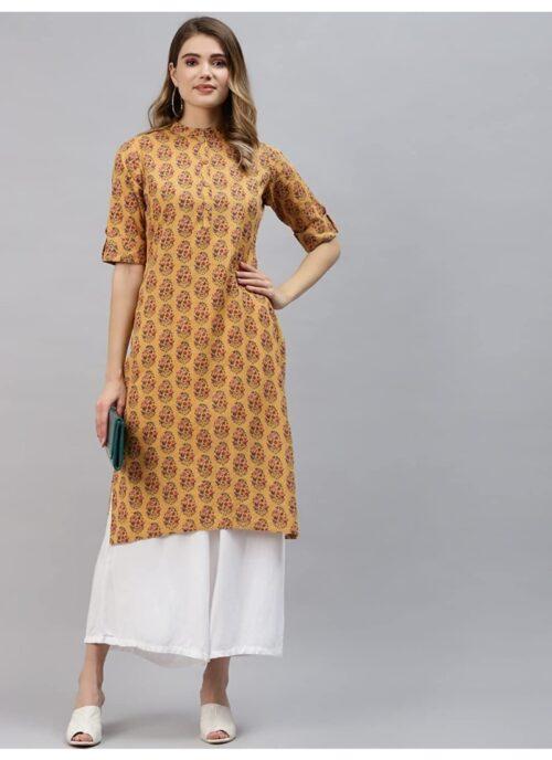 Generic Women’s Pure Cotton Printed Straight Kurti (Mustard, Pure Cotton)