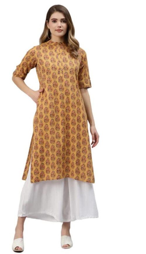 Generic Women’s Pure Cotton Printed Straight Kurti (Mustard, Pure Cotton)