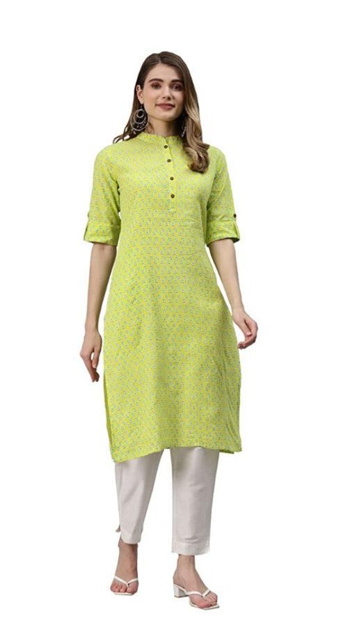 Generic Women’s Cotton Printed Straight Kurti (Yellow, Green, Cotton)